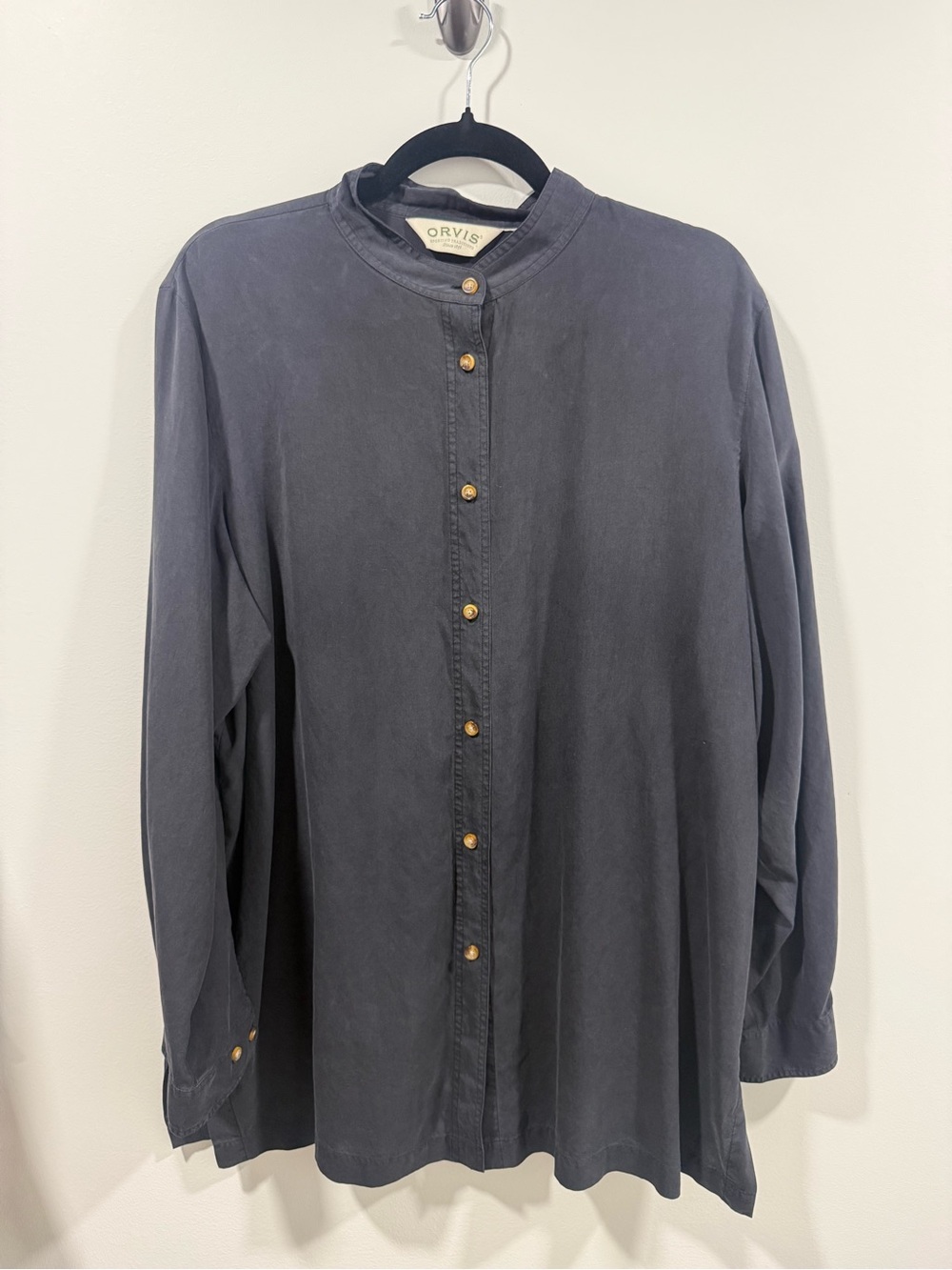 Orvis Black Button-Front Tunic length Mandarin Collar Shirt